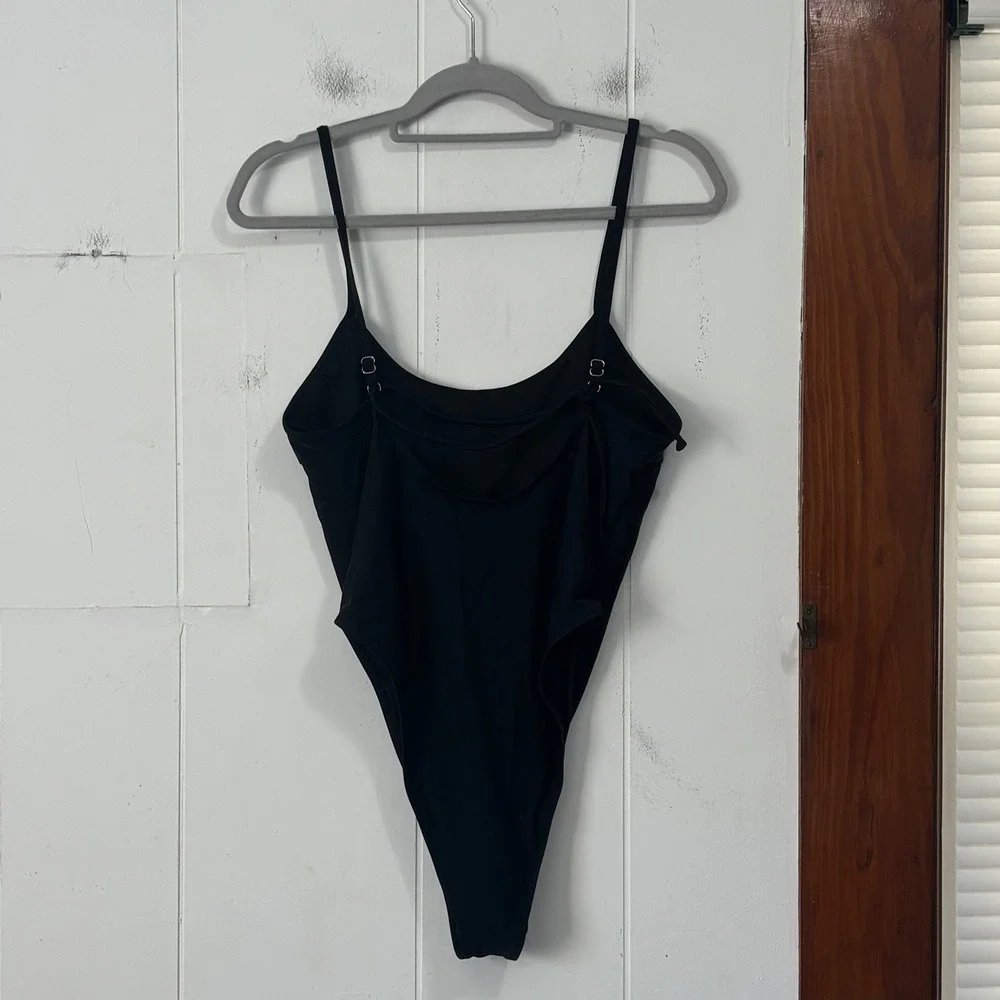 Amazon Womens Solid Black One Piece Swimsuit High Cut Spaghetti Strap Large